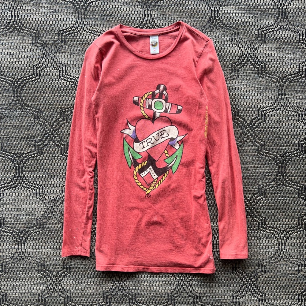 Y2K Ed Hardy Shirt Womens Medium Red Tattoo Long Sleeve Christian Audigier‎